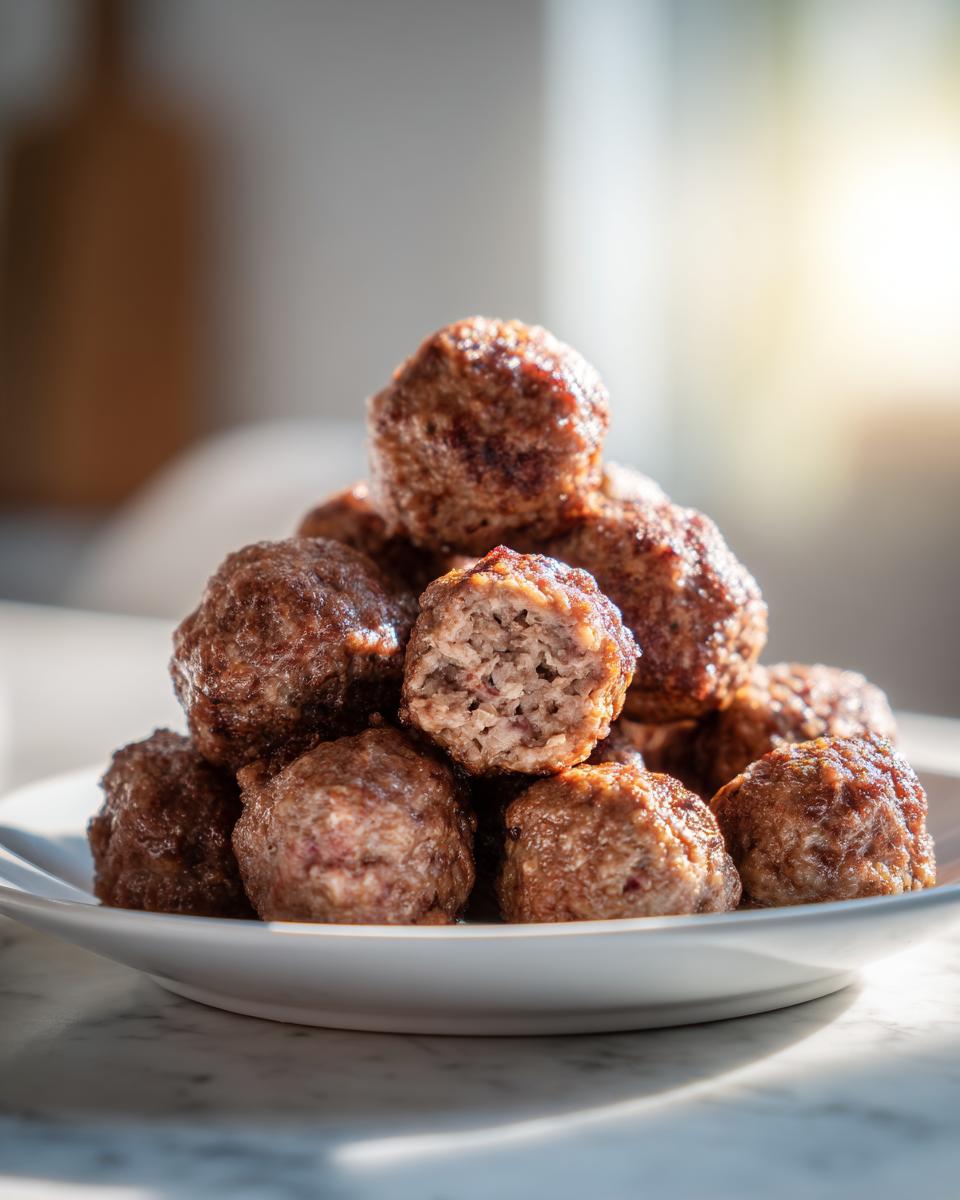 A close-up stack of golden-brown, tender Italian Meatballs on a white plate, showing the texture inside one cut meatball.