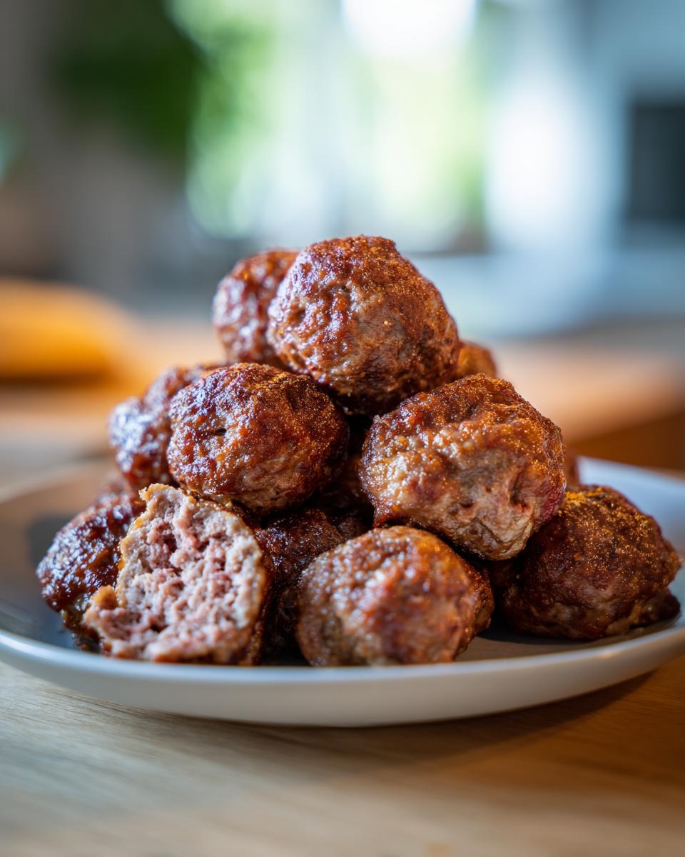 A close-up of a pile of perfectly browned Italian Meatballs, one cut open showing a tender interior.