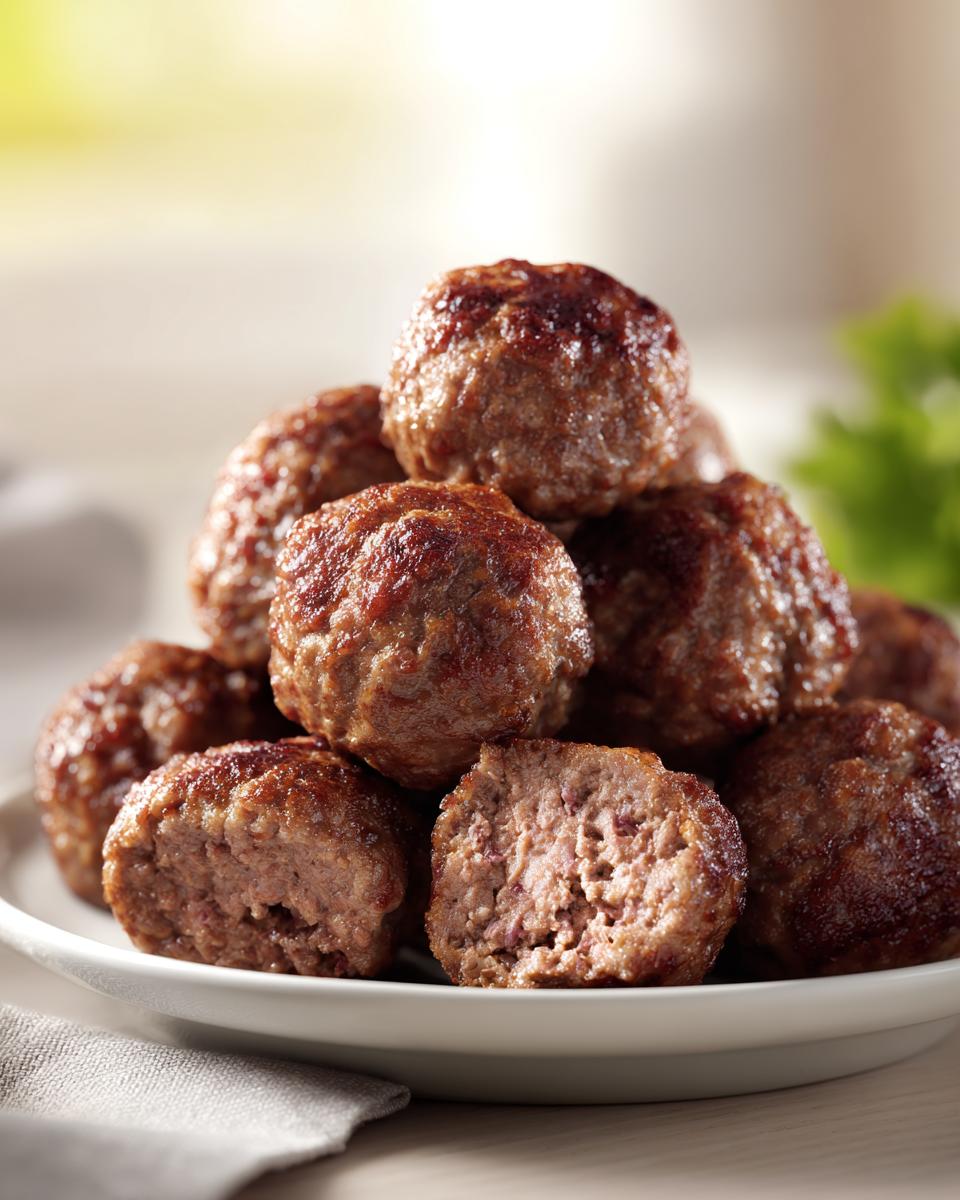 A stack of beautifully browned Italian Meatballs on a white plate, with one cut in half showing the tender interior.