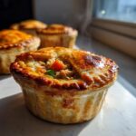 Close-up of a steaming hot Turkey Pot Mini Pie with a flaky, golden crust, revealing turkey and vegetables inside.