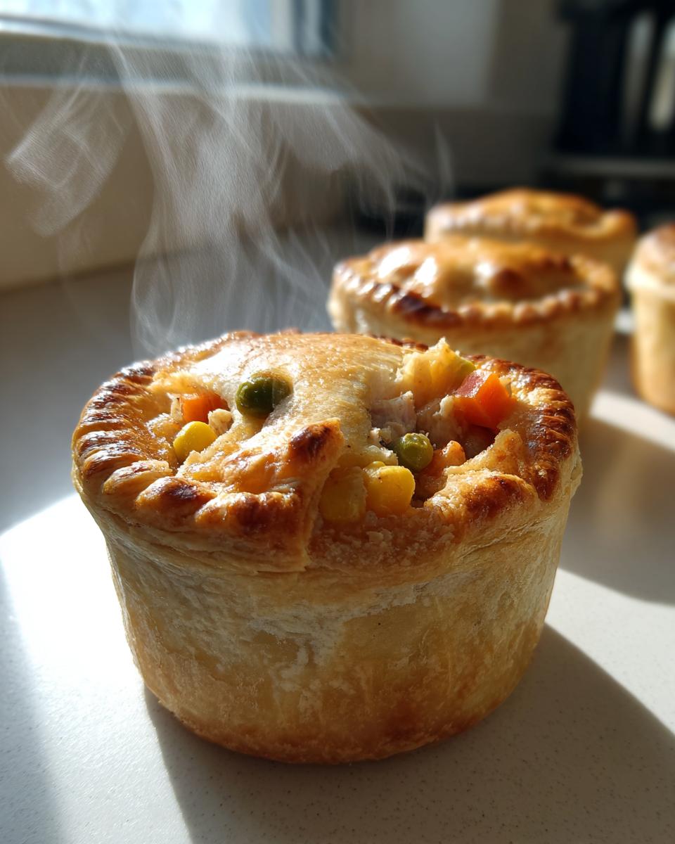Close-up of a steaming hot Turkey Pot Mini Pie showing flaky crust and visible vegetable filling.