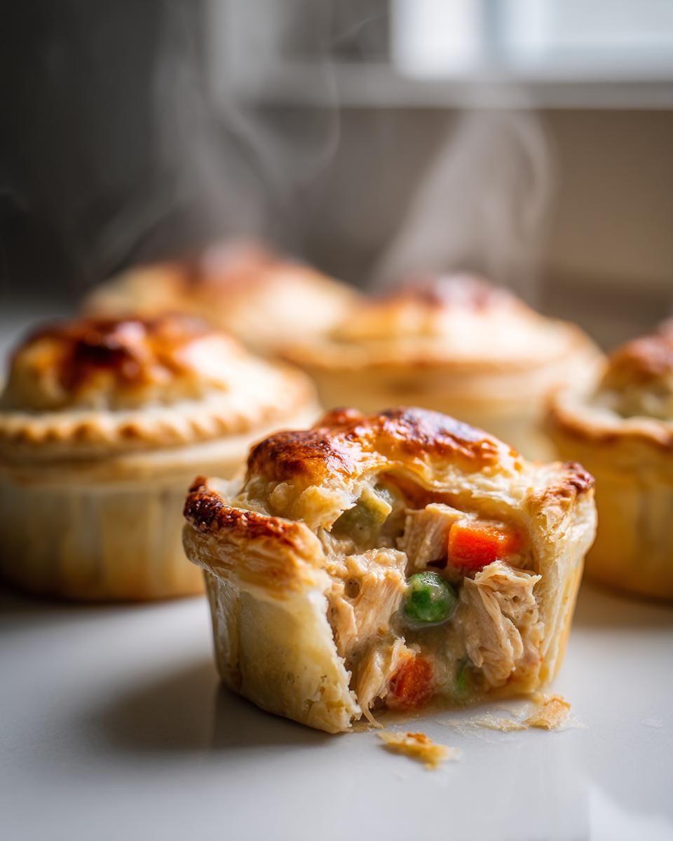 Close-up of a hot Turkey Pot Mini Pie broken open showing shredded turkey, peas, and carrots in a creamy sauce.