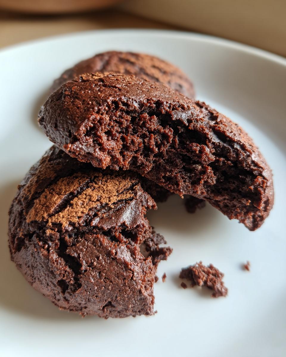 Close-up of a broken Vegan Black Bean Cookies showing the rich, fudgy interior texture dusted with cocoa.
