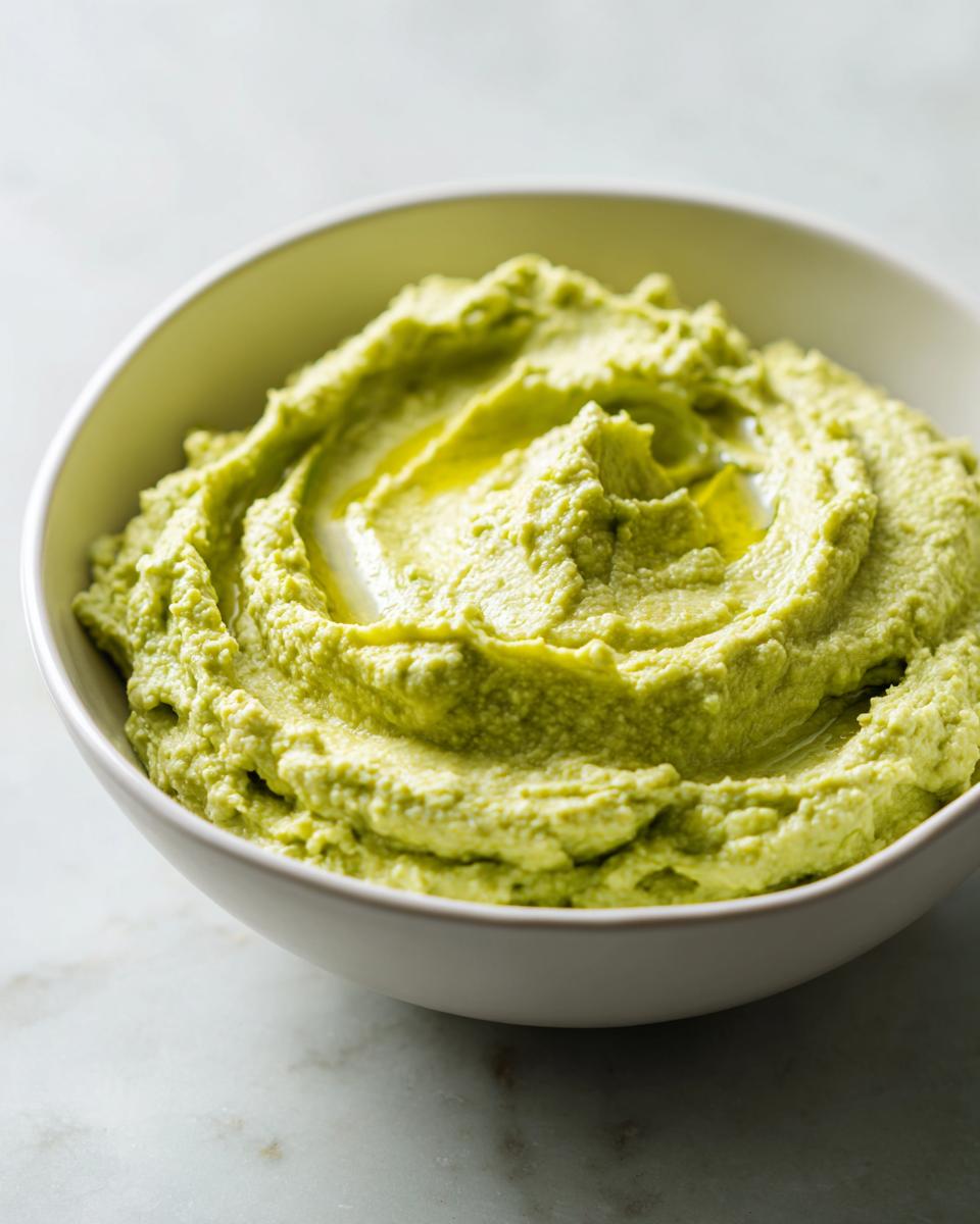 A close-up of creamy, bright green Edamame Hummus swirled in a white bowl, drizzled with olive oil.