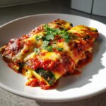 Two baked Zucchini Enchiladas covered in melted cheese and rich tomato sauce, garnished with fresh parsley.