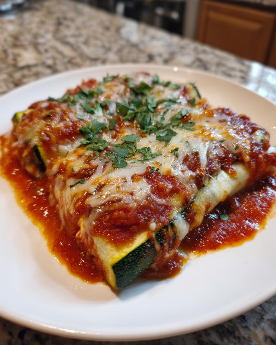 Close-up of two Zucchini Enchiladas covered in melted cheese and marinara sauce, garnished with fresh parsley.