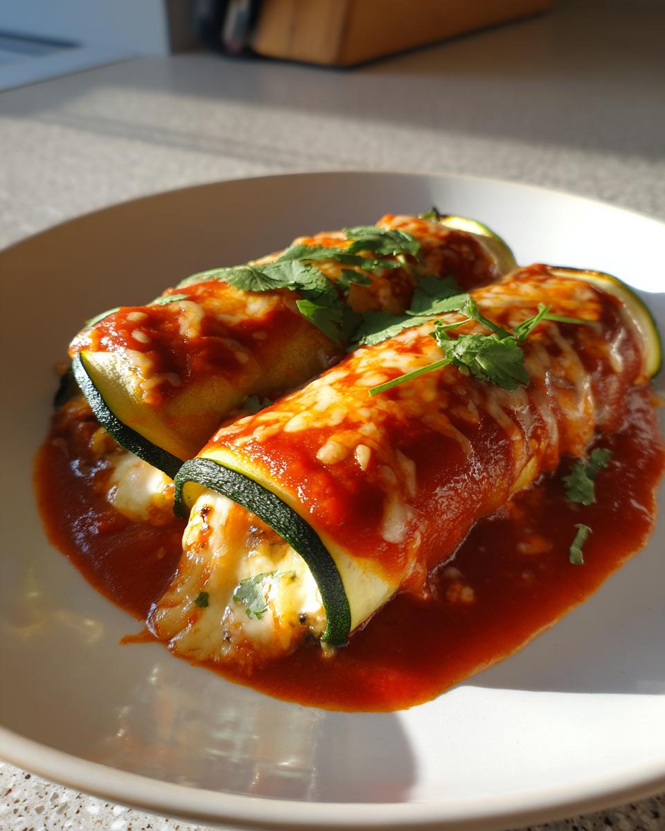 Two rolled Zucchini Enchiladas covered in melted cheese and red enchilada sauce, garnished with cilantro.