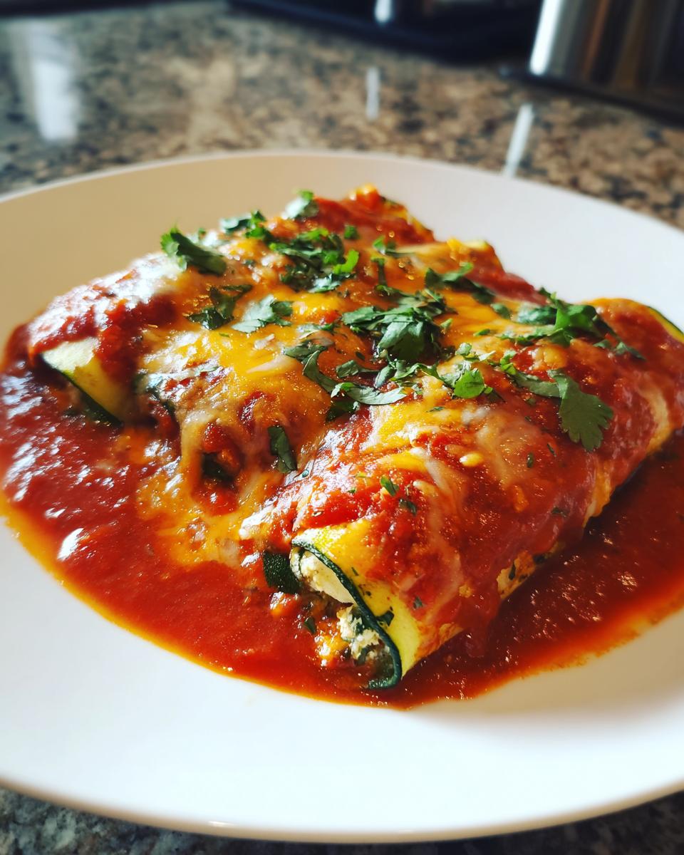 Two baked Zucchini Enchiladas covered in red sauce, melted cheese, and fresh cilantro.