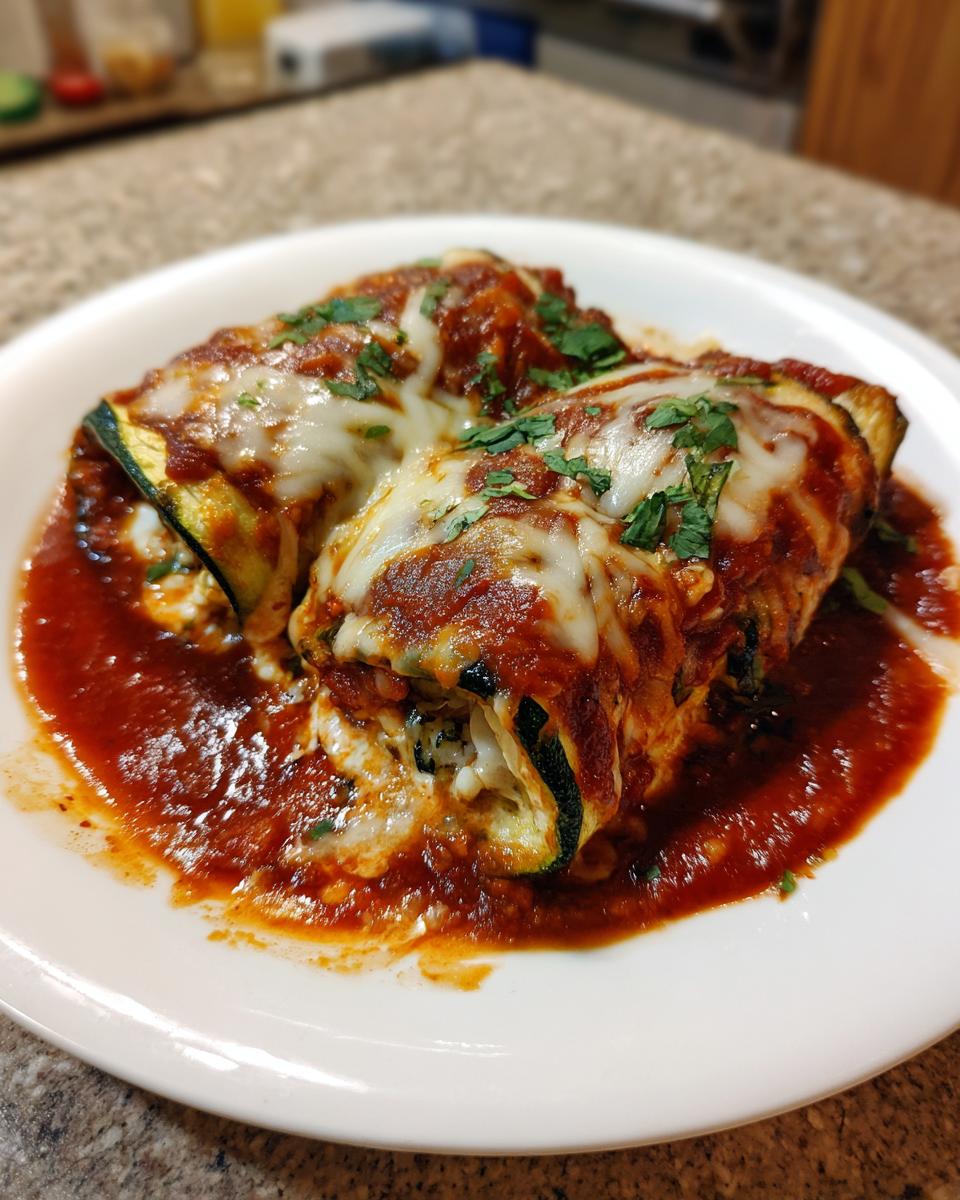 Two baked Zucchini Enchiladas covered in red sauce, melted white cheese, and fresh cilantro.